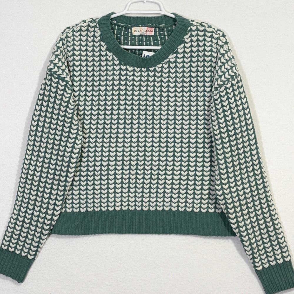 Hazel Moon Sweater Womens XL Green White Knit SUPER SOFT Pullover NWT